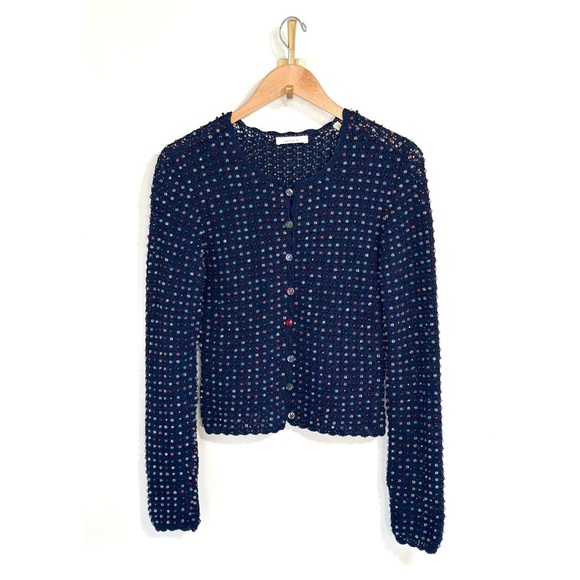 NWOT DÔEN Knit Cotton Navy Hand-Beaded Monterey Cardigan - Picture 2 of 8